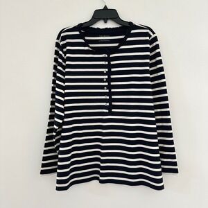 Talbots Navy Striped Ruffle Henley Long Sleeve Top Plus 2X Nautical Sweater